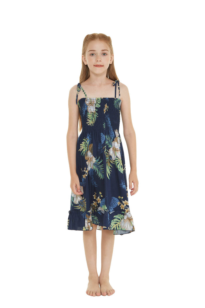 Girl Elastic Top Dress in Pineapple Garden Navy