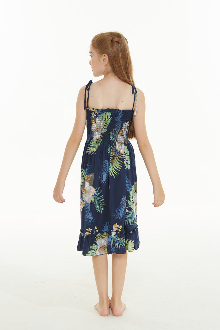 Girl Elastic Top Dress in Pineapple Garden Navy