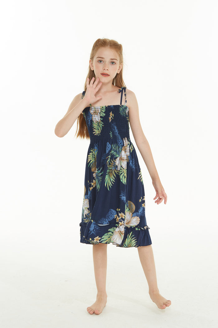 Girl Elastic Top Dress in Pineapple Garden Navy