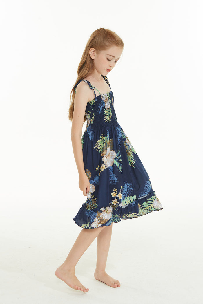 Girl Elastic Top Dress in Pineapple Garden Navy