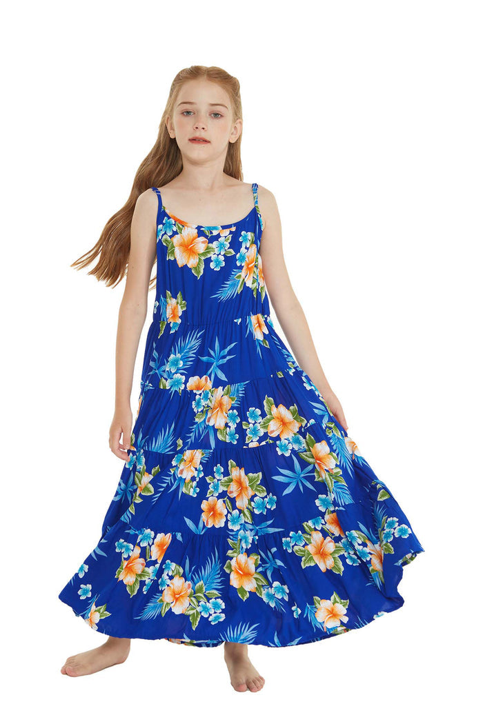 Girl's Maxi Tiered Dress in Hibiscus Blue