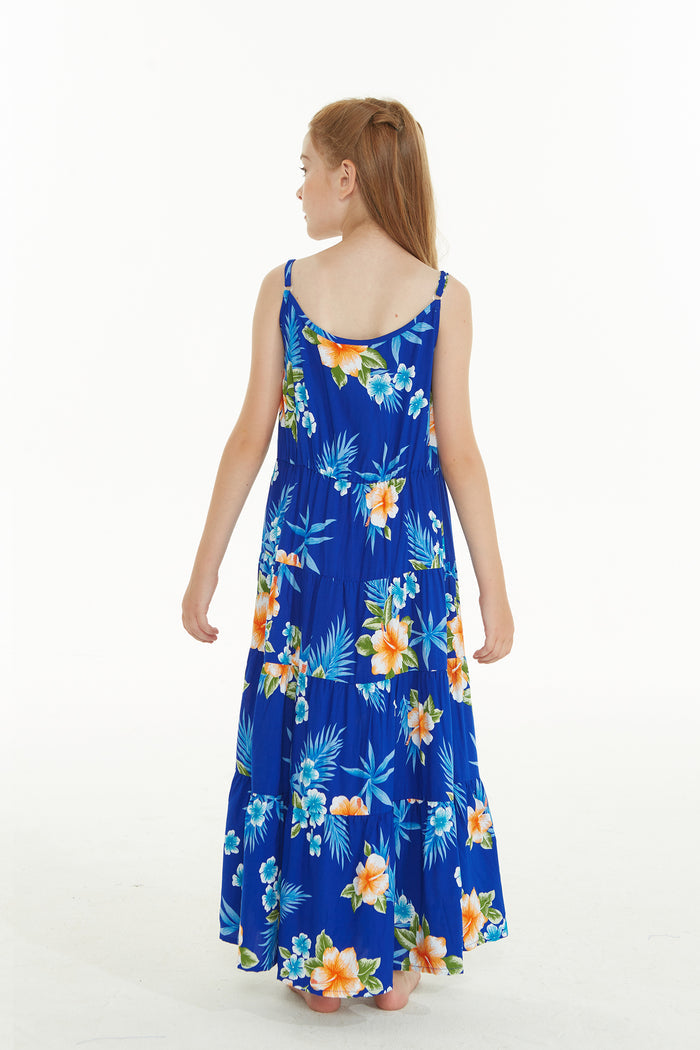 Girl's Maxi Tiered Dress in Hibiscus Blue