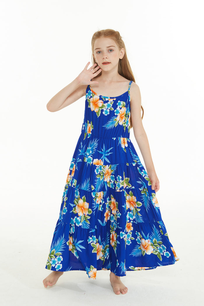 Girl's Maxi Tiered Dress in Hibiscus Blue