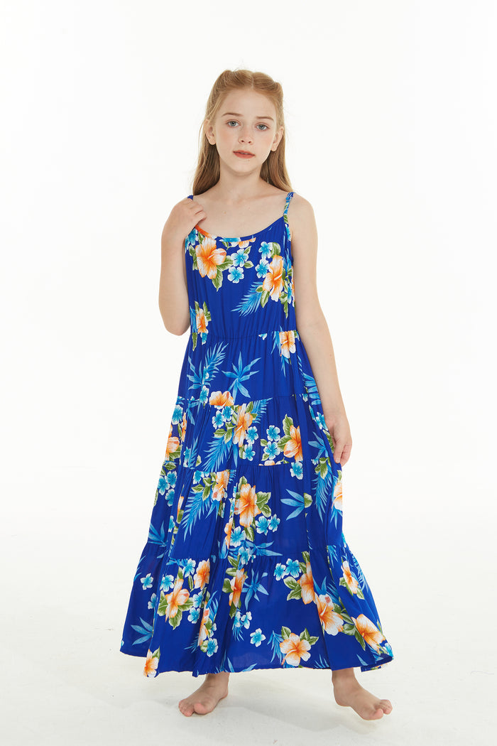 Girl's Maxi Tiered Dress in Hibiscus Blue