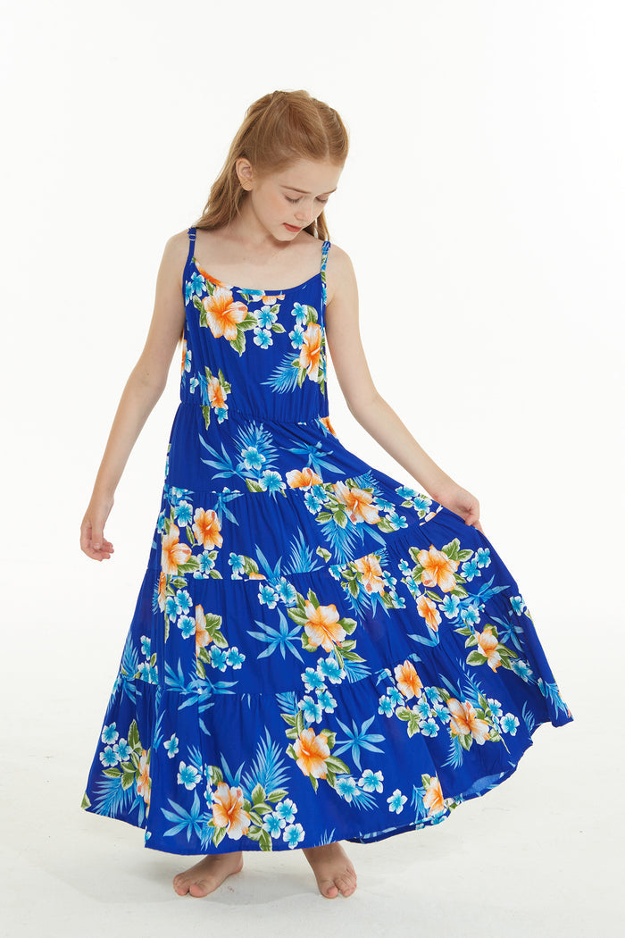 Girl's Maxi Tiered Dress in Hibiscus Blue