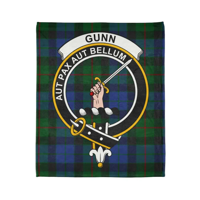 Gunn clan crest tartan plaid throw blanket — Either Peace or War design on 50x60 polyester