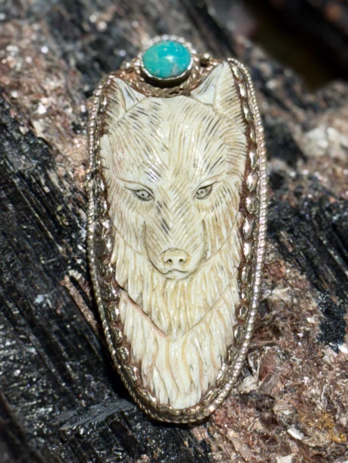 Handmade Tibetan Silver Wolf Pendant with Turquoise and Carved Bone