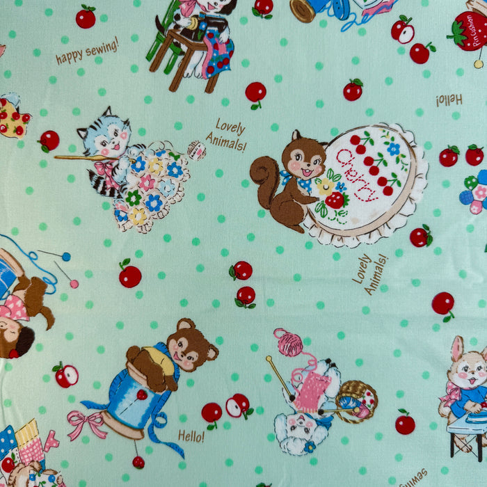 Happy Sewing Animals - Mint (D) - Atsuko Matsuyama - 30's Collection - Yuwa