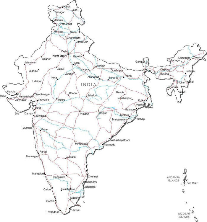 India Black & White Map with Capital, Major Cities, Roads, and Water Features