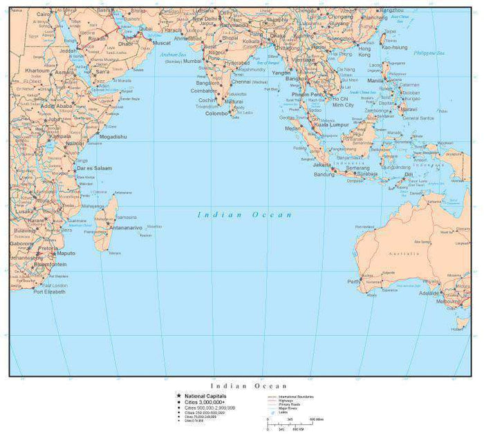 Indian Ocean Map with Countries  Capitals  Cities  Roads and Water Features
