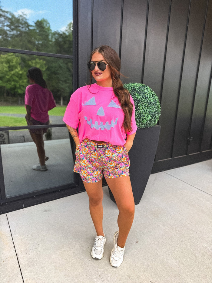 INSTOCK: Checkered Pumpkin Face Graphic Tee on Neon Pink // SHIPS QUICK
