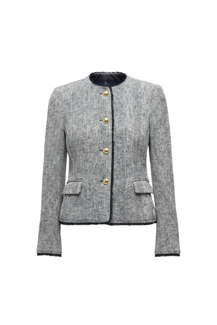 Gray textured twill blazer with gold buttons