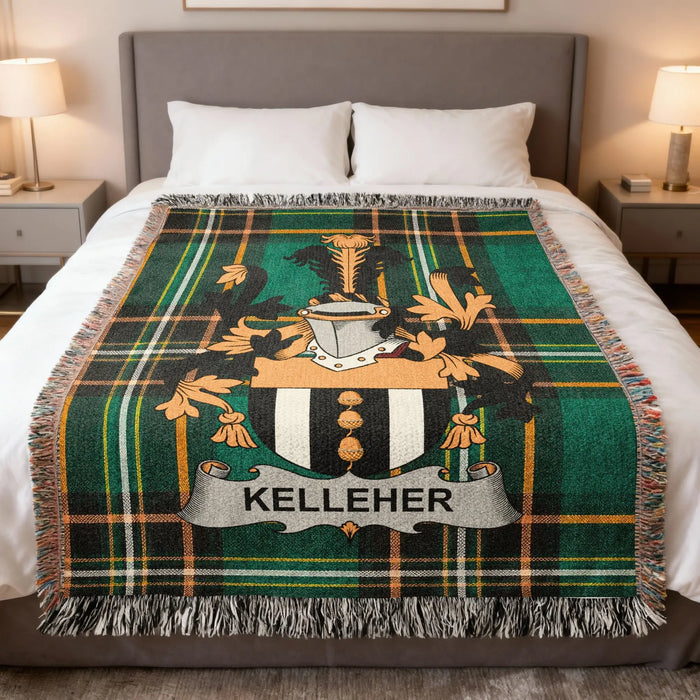 Kelleher Irish family crest woven blanket displayed on a bed.
