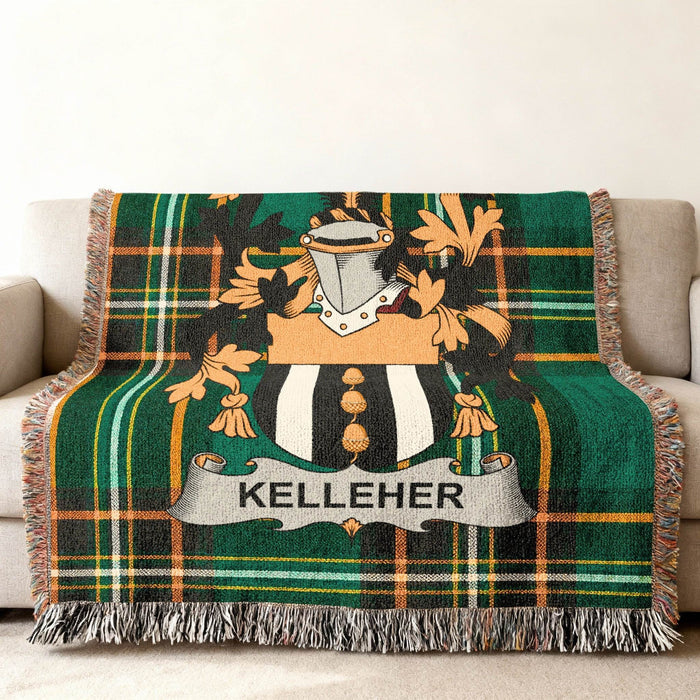 Kelleher family crest on an Irish National Tartan woven cotton throw.