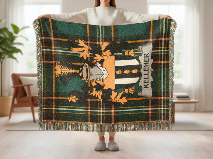 Kelleher family crest tartan woven blanket shown at full scale.