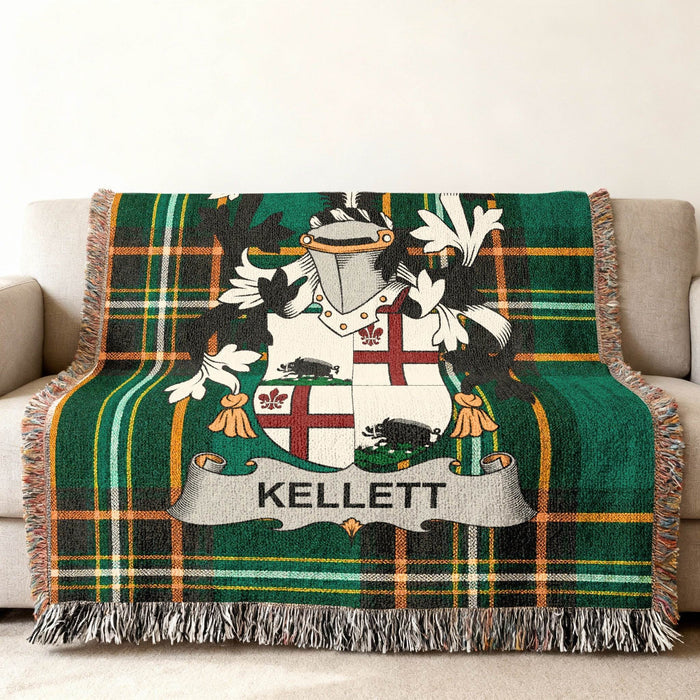 Kellett family crest on an Irish National Tartan woven cotton throw.