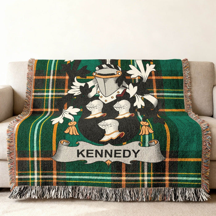 Kennedy family crest on an Irish National Tartan woven cotton throw.