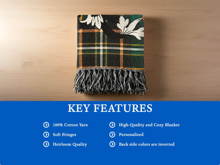 Key features of the Kennedy 100% cotton woven blanket with fringed edges.