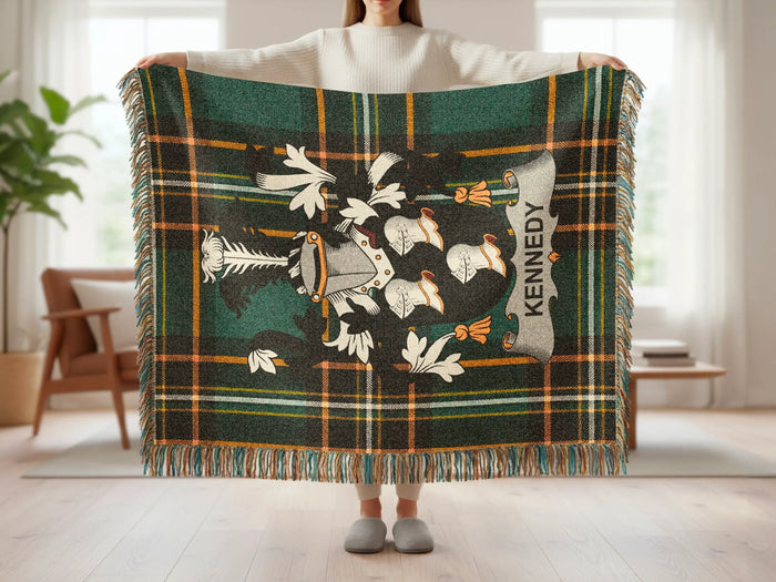 Kennedy family crest tartan woven blanket shown at full scale.