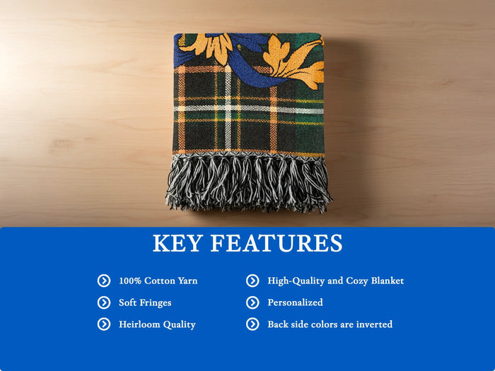Tartan plaid blanket with fringe, featuring key features text.