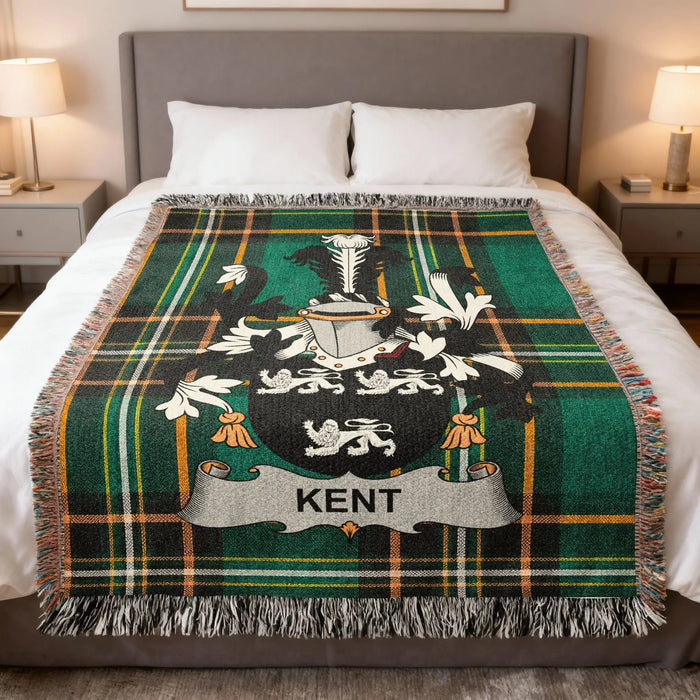 Kent Irish family crest woven blanket displayed on a bed.