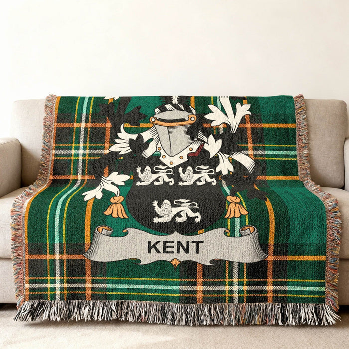 Kent family crest on an Irish National Tartan woven cotton throw.