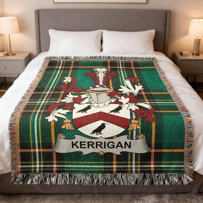 Kerrigan Irish family crest woven blanket displayed on a bed.