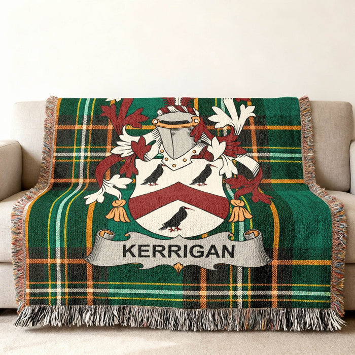 Kerrigan family crest on an Irish National Tartan woven cotton throw.