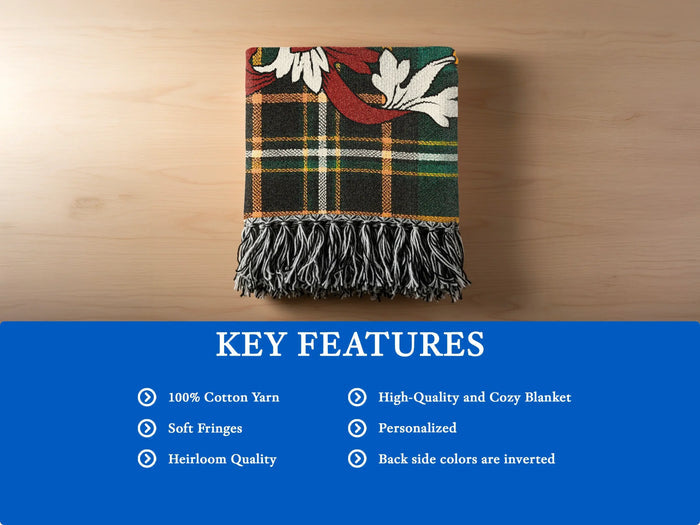 Key features of the Kerrigan 100% cotton woven blanket with fringed edges.
