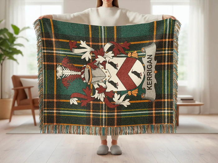 Kerrigan family crest tartan woven blanket shown at full scale.