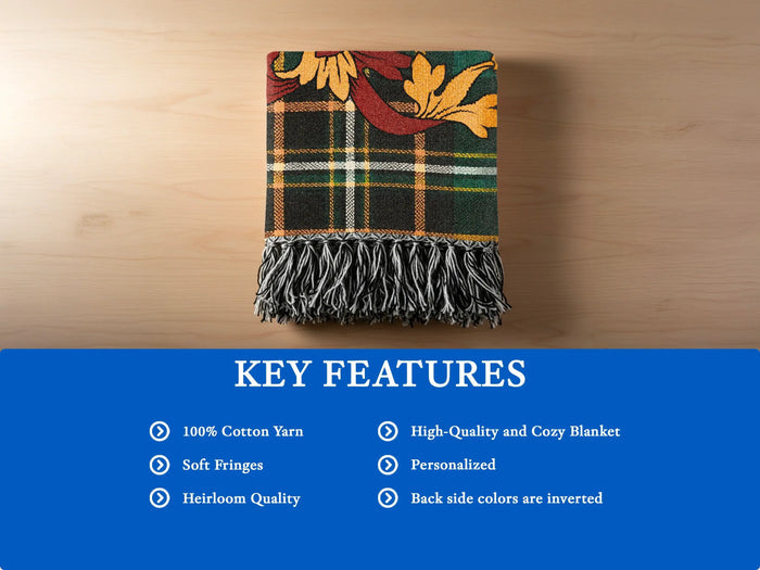 Key features of the Keyes 100% cotton woven blanket with fringed edges.