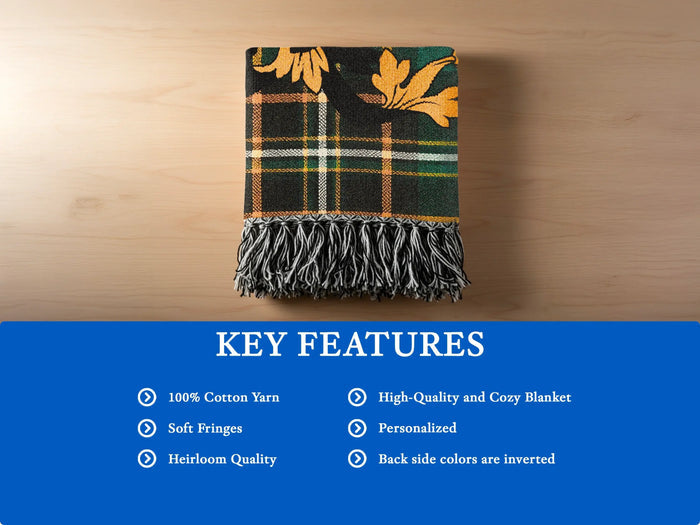 Plaid throw blanket with fringe and list of key features.