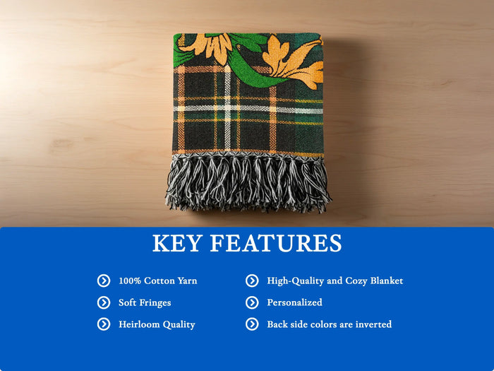 Plaid blanket with fringe on wooden surface, listing key features.