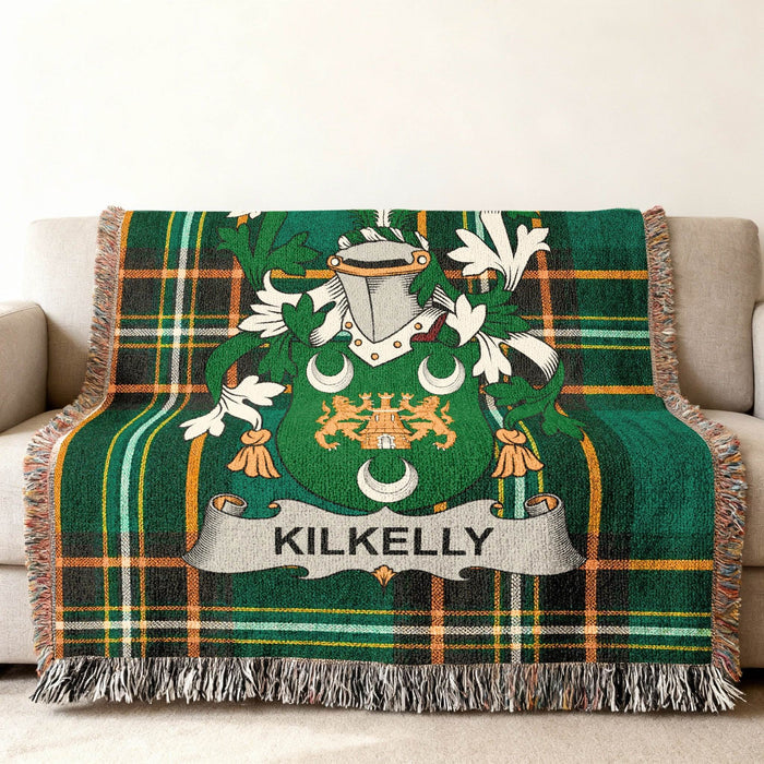 Kilkelly family crest on an Irish National Tartan woven cotton throw.