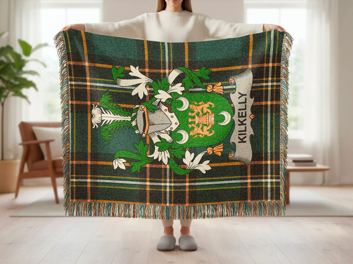 Kilkelly family crest tartan woven blanket shown at full scale.