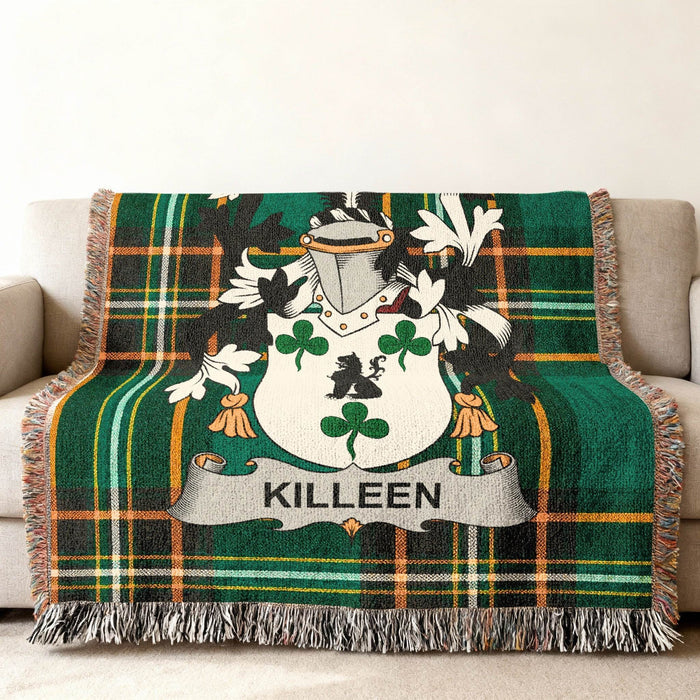 Killeen family crest on an Irish National Tartan woven cotton throw.