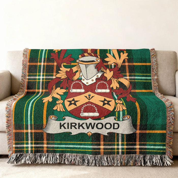 Kirkwood family crest on an Irish National Tartan woven cotton throw.