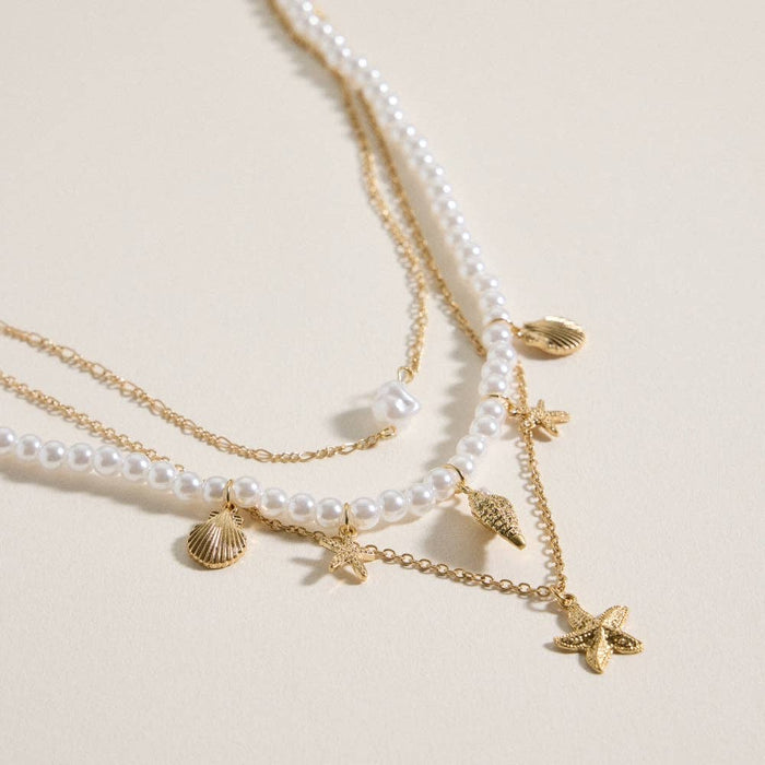 Layered Pearl Necklace with Sea Charms