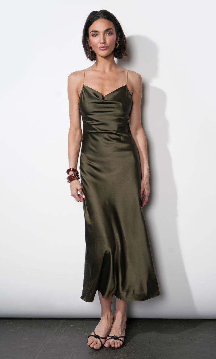 Leah Jewel Strap Slip Dress-Olive