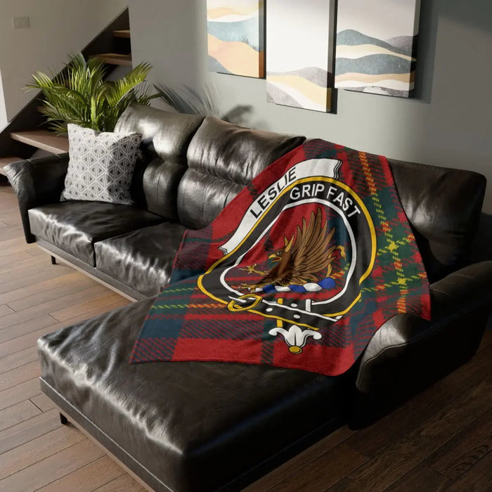 Leslie clan crest tartan throw blanket — 50x60 polyester, Grip Fast griffin heraldic design