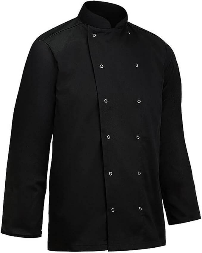 Visible button long sleeve black chef jacket full view