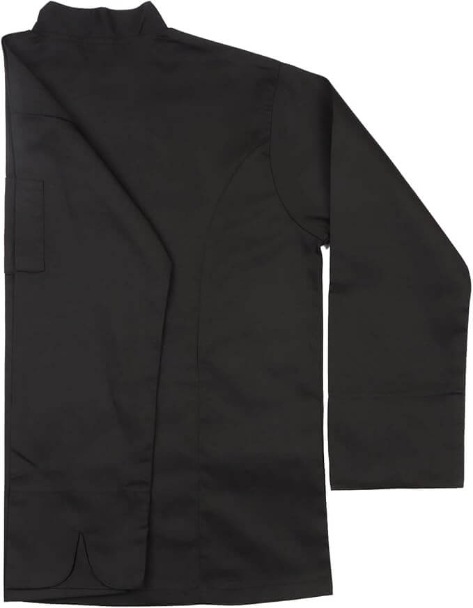 Visible button long sleeve black chef jacket close look