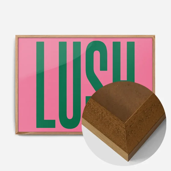 Lush Typography Newcastle Poster Print in an oak wood frame