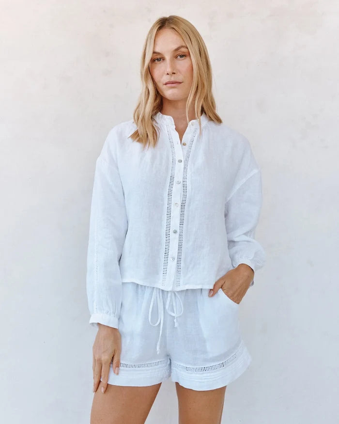 Mandarin Collar Trimmed Button Down-White
