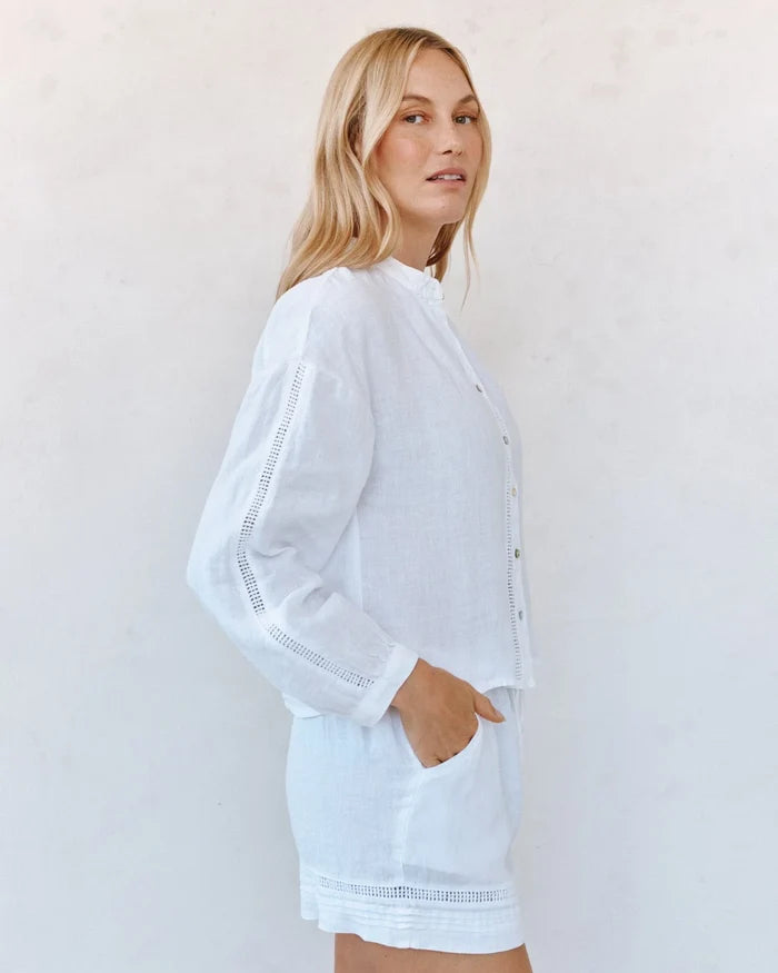 Mandarin Collar Trimmed Button Down-White