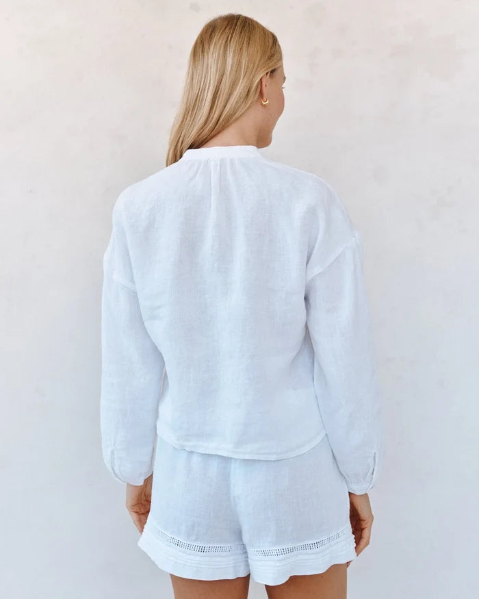Mandarin Collar Trimmed Button Down-White