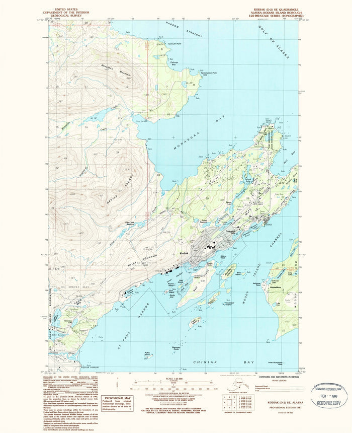 Map of Kodiak D-2 SE, Kodiak Island, Alaska by USGS, 1987 – Kodiak City, Chiniak Bay, Monashka Bay