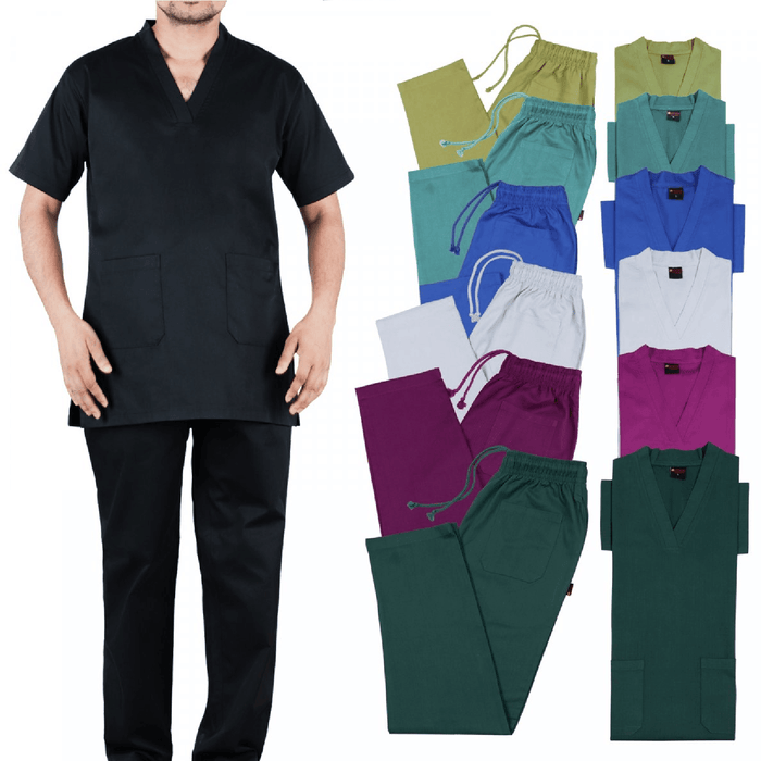 Man wearing black scrub set with colorful scrubs displayed on a white background