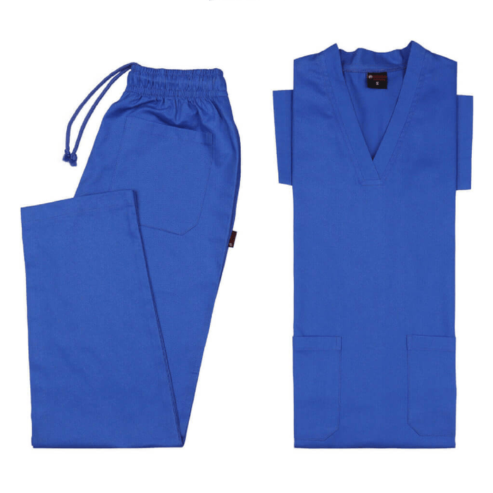 Hospital Blue scrub set with pants and top on a white background
