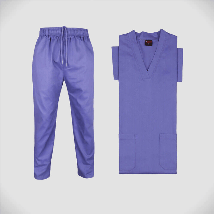 Sky Blue scrub set with pants and top on a light gray background
